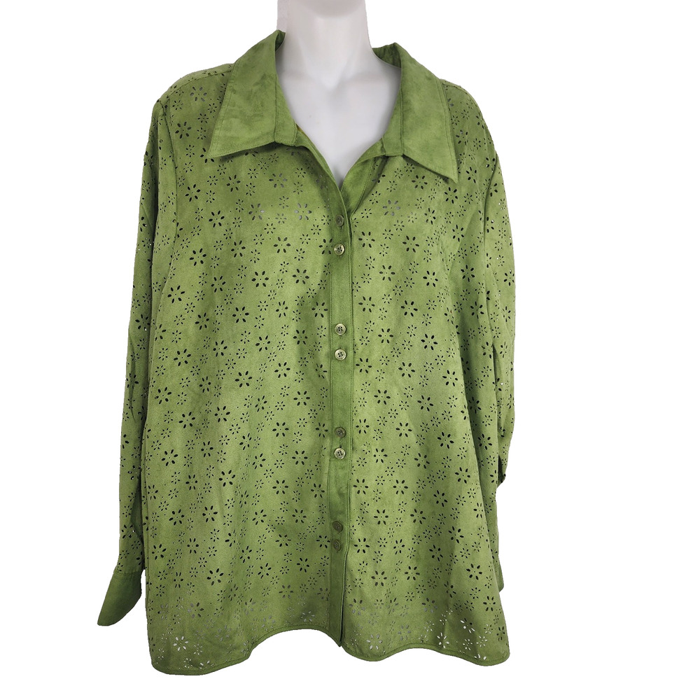 Susan Graver Womens Faux Suede Floral Perforated Shirt Button XL Green A91324